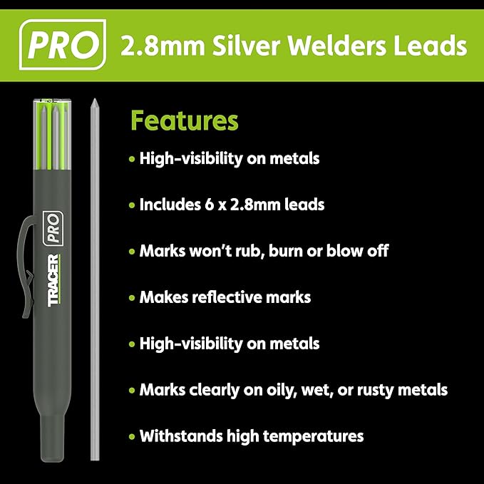 Tracer Pro 2.8mm Silver Welders Leads, Heavy Duty Welding Leads for Construction Pencil 6-Pack - Designed for Tools and Welding, Includes Storage Case for Carpenter Pencil Marking ALPW1