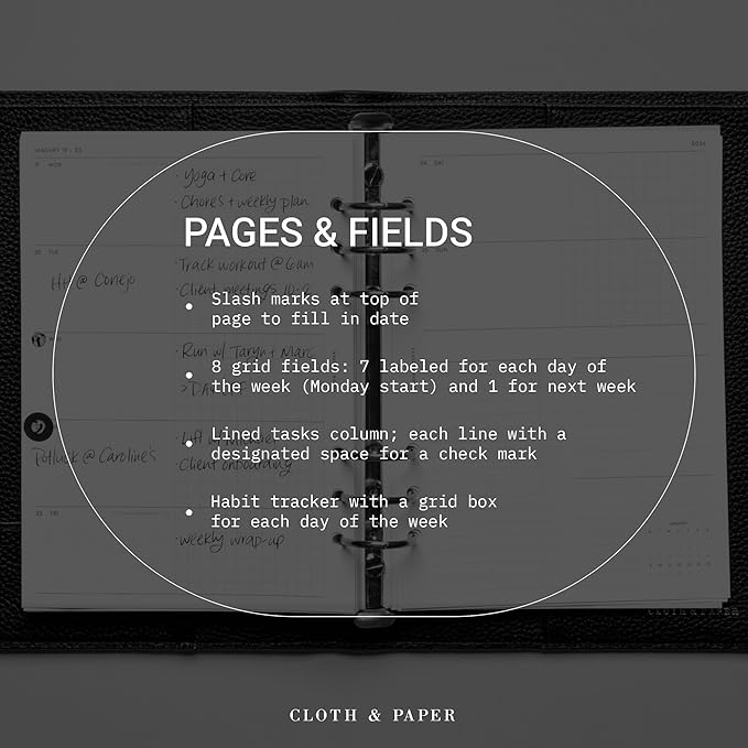 Cloth & Paper Weekly Admin Planner Inserts | A5 Size 5.8 x 8.3 Inches | 6 Ring Punch | Monday Start | Minimalist Weekly Agenda Refill | Task List & Habit Tracker Planner Pages for A5 Ring Binder