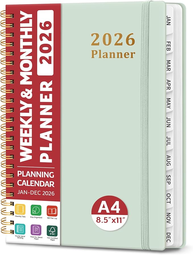 2026 Planner, Weekly and Monthly Calendar Planner, January 2026 - December 2026, Hardcover 2026 Calendar Book with Tabs For Women & Men, Inner Pocket, Spiral Bound, Perfect for Office Home School Supplies - A4 (8.5" x 11"), Mint