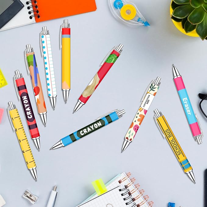 Teacher Appreciation Week Ballpoint Pens Set of 10 – Colorful Crayon-Inspired Teacher Theme Pens with Classroom Supply Designs – Smooth Black Ink Pens for Classroom, Office, and Thank You Gifts