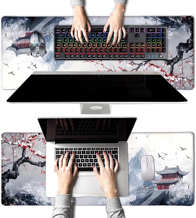 Cherry Blossom Japanese Large Mouse Pad, Desk Mat Computer Keyboard Pad Non-Slip Rubber Base Waterproof with Stitched Edges for Laptop Gaming, Office & Home 31.5 x 11.8 Inch