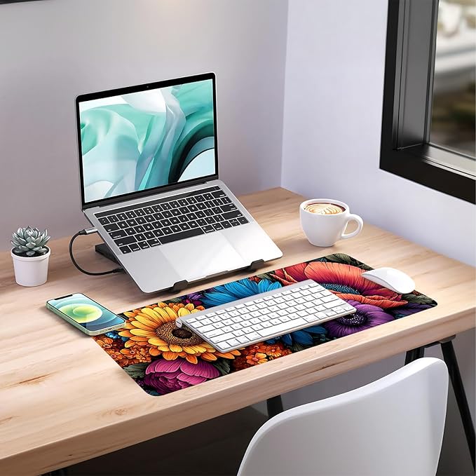 Flowers Extended Gaming Mouse Pad 31.5x11.8inches Large Desk Mat Anti-Slip Rubber Base & Durable Stitched Edges for Gamers Smooth Mouse Writing Surface for Desk Office/Home
