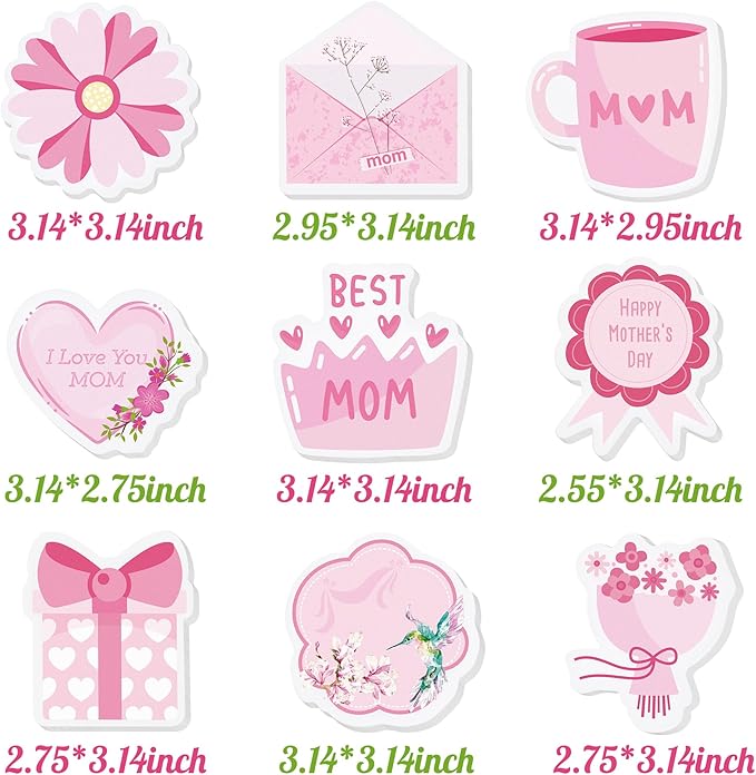 9 Packs Happy Mother's Day Sticky Notes Pink Flower Bouquet Humming Bird Heart Shaped Self-Stick Writing Notepads Mini Adhesive Memo Pads Reminder Love Best Mom Ever Birthday Gift from Son Daughter