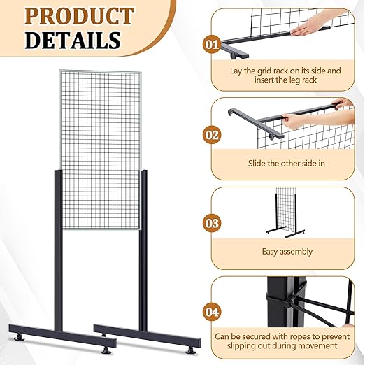 Set of 2 Pairs Slide-on Grid Legs T Base Rectangular Tube T-Shape Grid Wall Panel Legs, No Hardware Needed(Black,17.7 x 24 Inch)