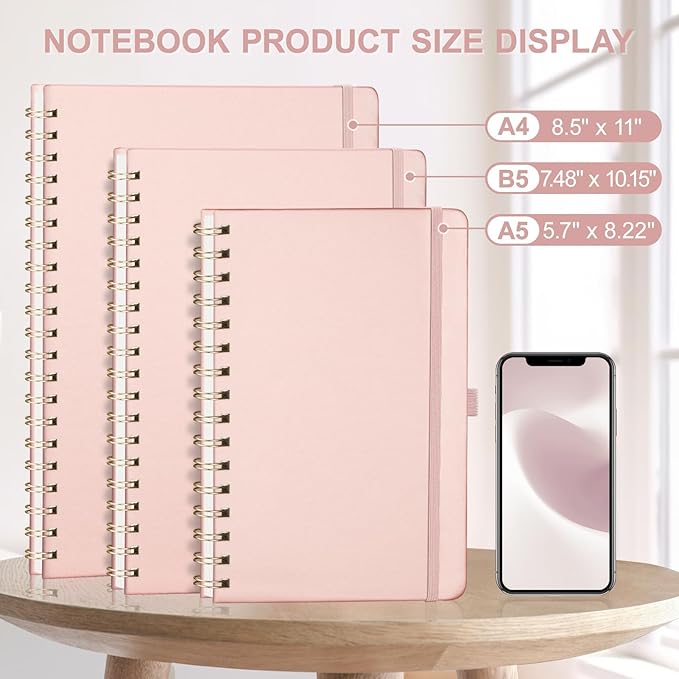AHGXG Lined Spiral Notebook 8.5" x 11", A4 Large Notebooks for Women Men, Hardcover Leather Notebook College Ruled, 100 GSM Thick Paper, Notebooks for Work School Note Taking Writing, Rose Gold