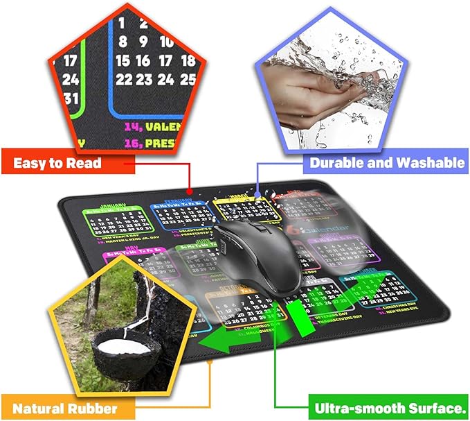 Calendar Mouse Pad 9.5 X 7.8 in, Mouse Pads with Stitched Edges and Non-Slip Rubber Base, Home Office Desk Decor Accessories for Computer Laptop Work Gaming (Black 2026 with Holidays)