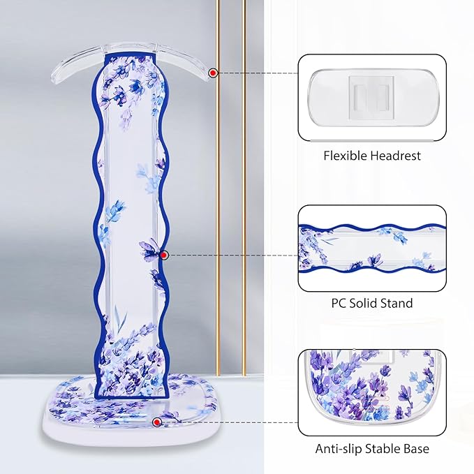 CamyCosy Headphone Stand Gaming Headset Holder for Desk,Unique Purple Lavender Flowers Pattern Clear Cellphone Stand Earphone Stand Desk Accessories for All Headphones Size