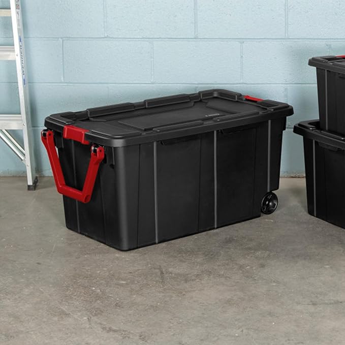 Sterilite 4-Pack Industrial Tote, Heavy-Duty Storage Bins w/Lids and Wheels, 40 Gallon - Stackable Organizing Containers for Home, Garage, Office, and Basement
