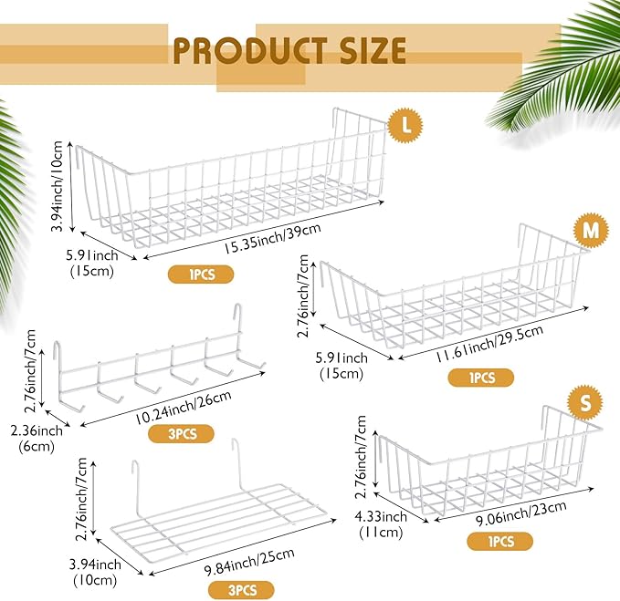 9 Pcs Grid Wall Shelves Gridwall Accessories Wall Grid Panel Hanging Basket with Hooks Set Includes 3 Basket 3 Wire Straight Shelf 3 Hooks Rack for Home Storage Display Organizer (White)