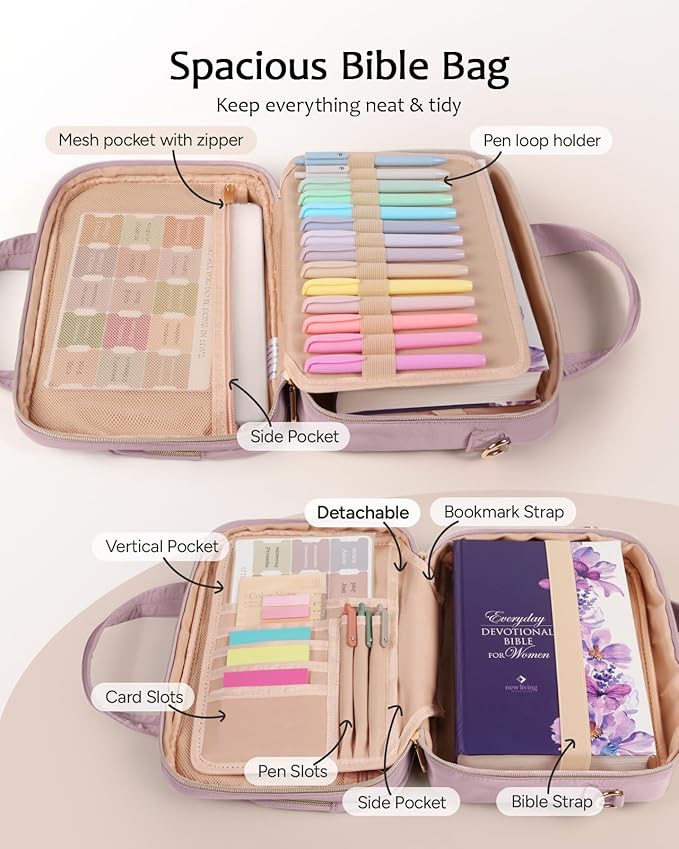 Bible Cover Case for Women, Large Bible Bag with Study Supplies, Bible Journaling Kit with Highlighters and Pens No Bleed, Christian Gift for Women (Shoulder Strap, Dusky Rose)