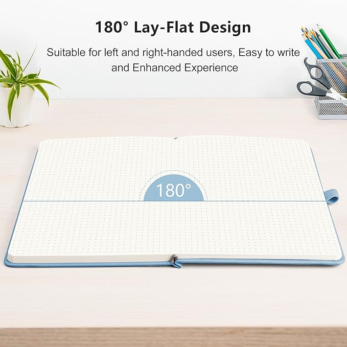RETTACY Dotted Journal Notebook, 192 Pages, A5 Medium Size (5.7'' x 8.3''), Leather Hardcover, 100 GSM Thick Paper, for Bullet Journaling, Planning, Tracking (Light Blue)