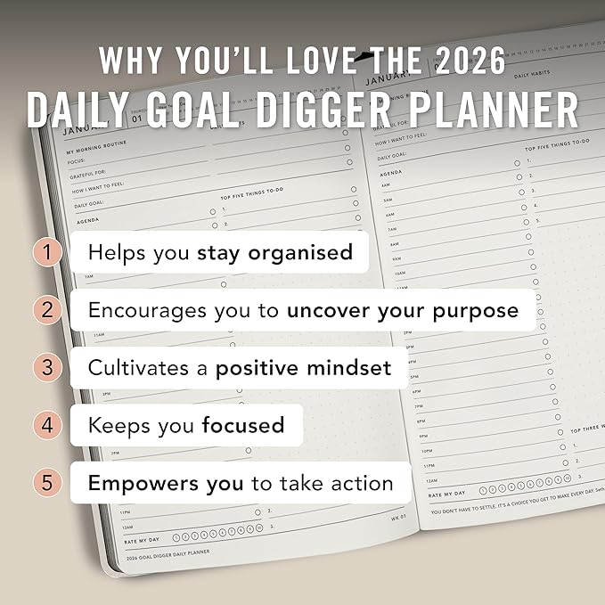 MI GOALS Goal Digger Daily Planner 2026 | Dated Journal for Gratitude, Progress & Habit Tracking | Day-To-A-Page B5 (Vanilla Bean)