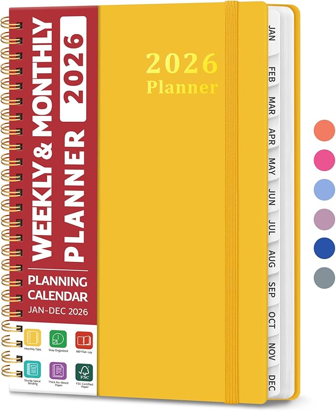 2026 Planner, Weekly and Monthly Calendar Planner, January 2026 - December 2026, Hardcover 2026 Calendar Book with Tabs For Women & Men, Inner Pocket, Spiral Bound, Perfect for Office Home School Supplies - A5 (6.3" x 8.5"), Yellow