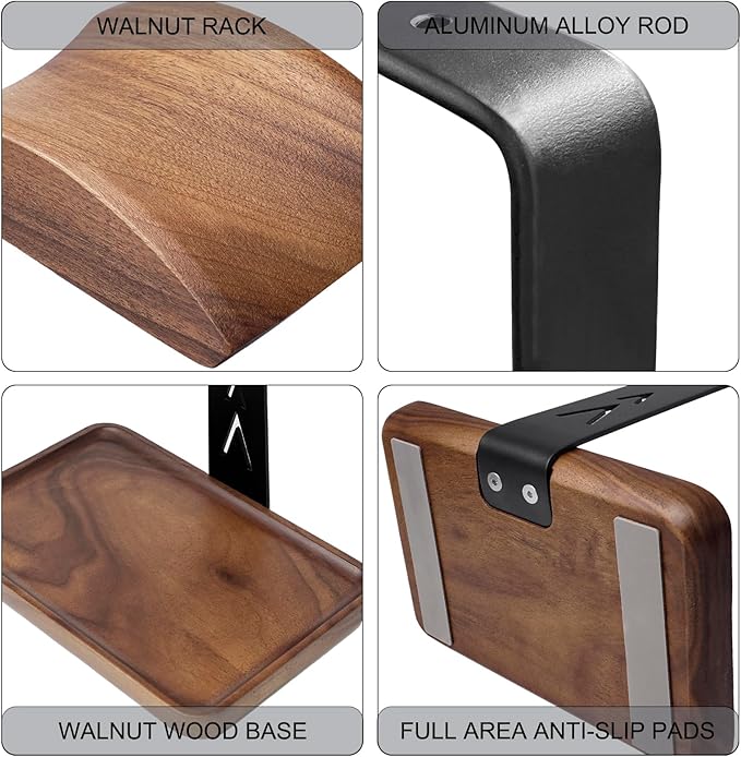 GEVO Walnut Headphone Stand, Wood Headset Stand for Desk, Universal Headphone Holder Gaming Headset Rack with Storage Base Compatible for AirPods Max, Bose, Razer, Sennheiser, Jabra, JBL, AKG