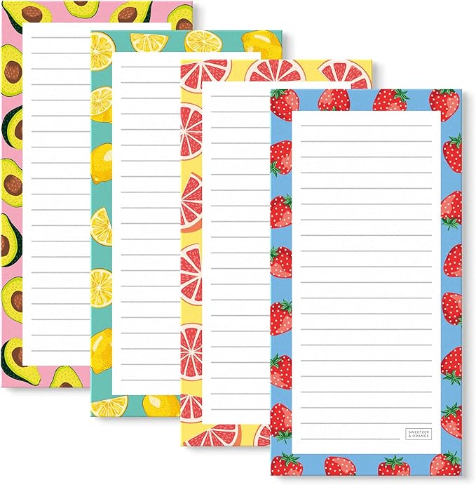 Sweetzer & Orange S&O Magnetic sheets for Refrigerator 4 Pack - Fun Fruity planner notes for Fridge Sets - Magnetic registry journals for cooler, sticky Notepads for freezer - 3.5” x 7”, 45 Pages