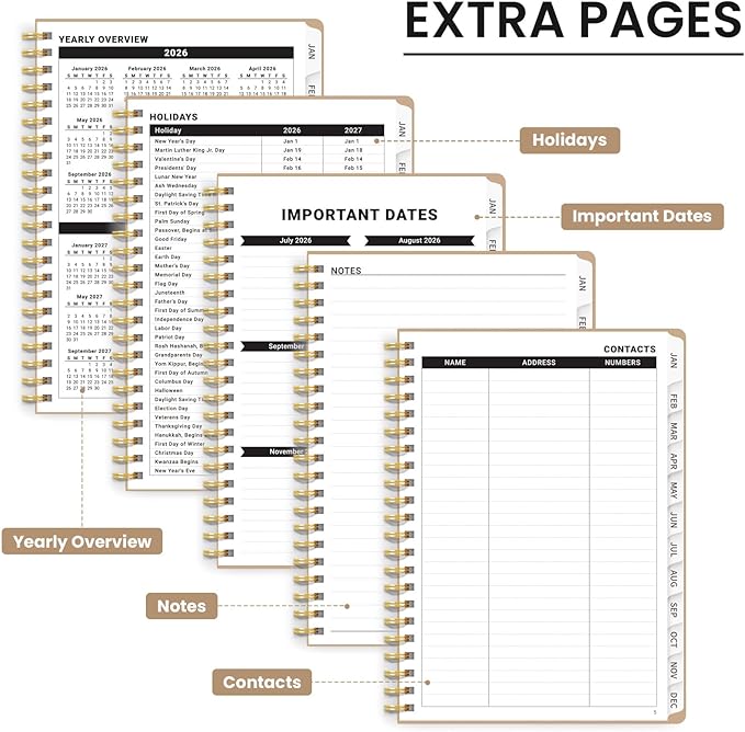 2026 Planner, Weekly and Monthly Calendar Planner, January 2026 - December 2026, Hardcover 2026 Calendar Book with Tabs For Women & Men, Inner Pocket, Spiral Bound, Perfect for Office Home School Supplies - A5 (6.3" x 8.5"), Oat Brown