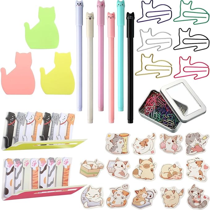 Outus Cat Office Supplies Cute Sticky Notes Paper Clips Gel Ink Pens Cartoon Stickers Party Favor for Cat Lovers Office Supplies(Vivid Style)