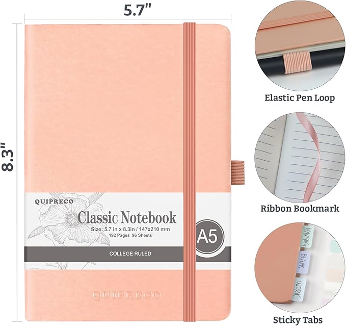 2Pack Lined Hardcover Journal Notebook, A5 192 Pages 100Gsm Thick Paper College Ruled for School,Note Taking,Work,Diary，5.7''*8.3'',Blush