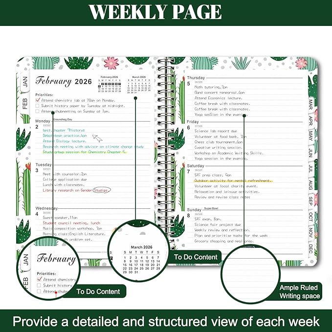 2026 Planner, Weekly and Monthly Calendar Planner for Women, Jan 2026 - Dec 2026, Hardcover Planning Agenda book with Tabs, Spiral Bound, Inner Pocket, Perfect for School Office Supplies, 6.2" x 8.5" - Cactus