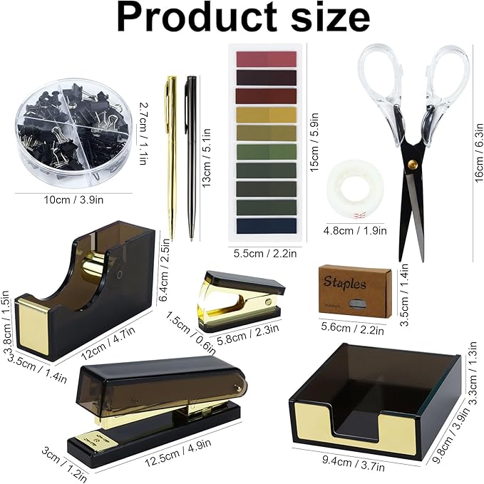 Buqoo Black Acrylic Sticky Notes Holder Stapler and Tape Dispenser Cutter with Staple Remover, Sticky Notes, Paper Clips, Scissor, Ballpoint Pen for School Home N Office Supplies
