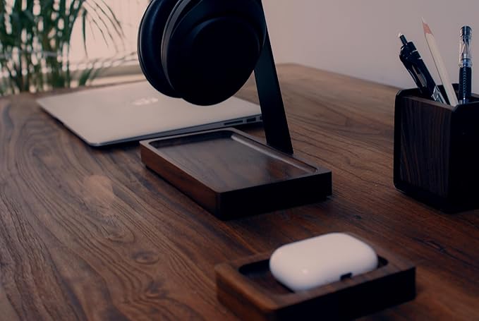 Walnut Headphone Stand, Wood Headset Stand for Desk, Wooden Universal Headphone Holder with Storage Base for Gaming, AirPods Max, Bose,Razer, Sennheiser (Black)