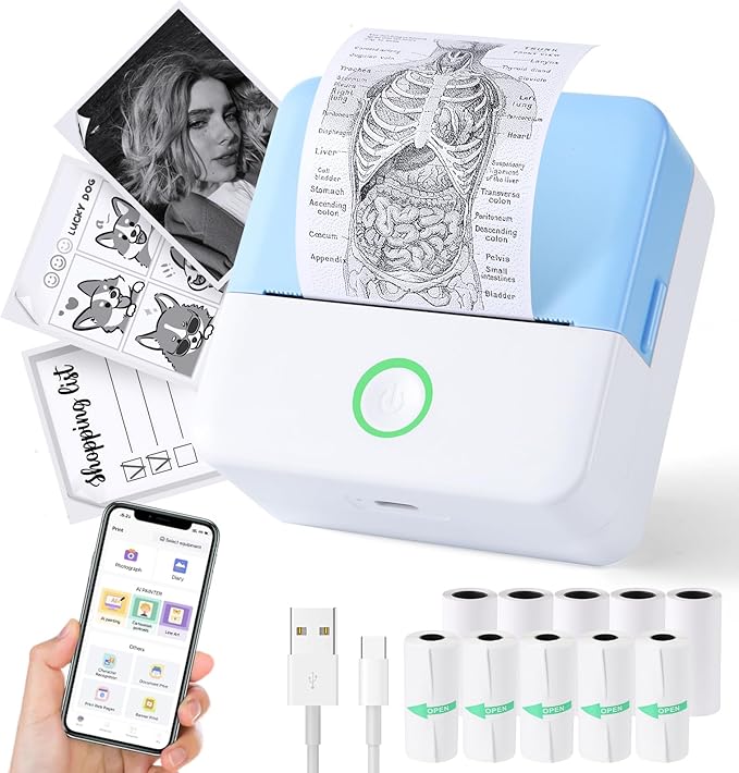 cudinham Print Pods Mini Printer, Thermal Inkless Sticker Maker with 10 Rolls Printing Paper, Pocket Printpod for Phone, Impresora Portátil for Notes, DIY, Compatible with iOS & Android (Blue)