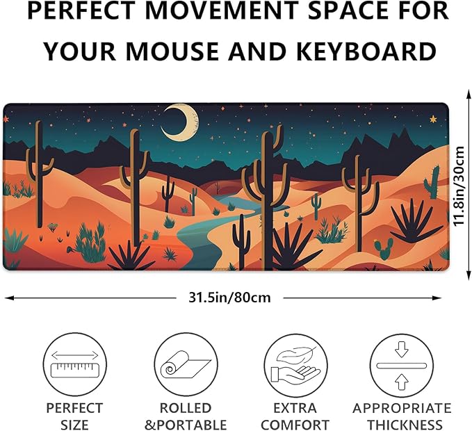 Desert Night Gaming Mouse Pad, Stylized Cactus Landscape Large Desk Mat for Computer, Extended Keyboard Laptop Mouse Pads 31.5×11.8in, Non Slip Rubber Mousepad for Office Decor Gifts