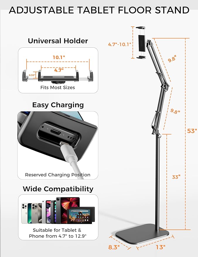 Tablet Floor Stand, 360-degree Rotatable Metal Tablet Stand Holder, Adjustable Kindle Holder, Universal Phone Stand for iPad/iPhoneX/iPad Pro or Other 4.7~12.9 Inch-Screen Devices (Black)