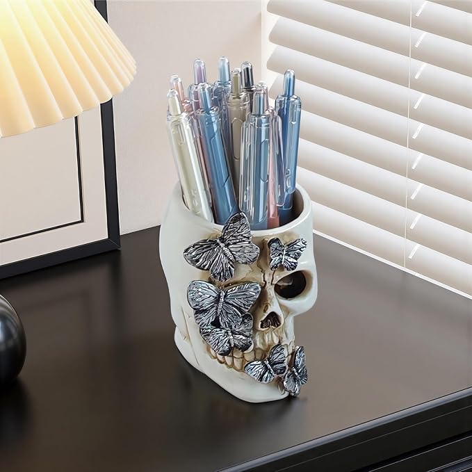 Skull Pen Holder Desk Organizer, Halloween Decor Skull Pencil Cup for Office Home School, Compact Gothic Desk Accessories Gift for Skull Lovers