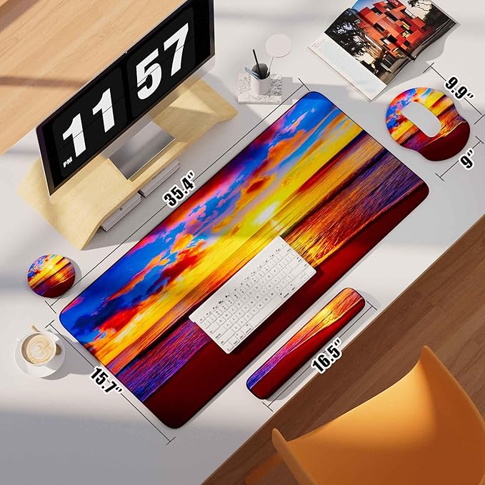Desk Mat Set + Keyboard and Mouse Pad with Wrist Rest Support,4-in-1 Large Mousepad Computer Mats for Desktop Home & Office-Golden Beach