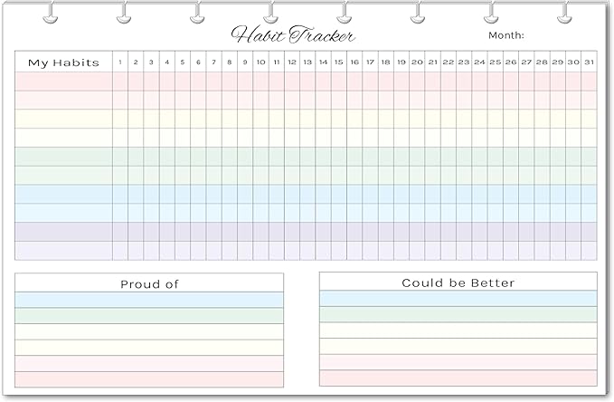 Horizontal Habit Tracker Inserts for 7, 9, 11 Disc | Mini, Classic, Skinny, Big, Letter, Junior Size Planners | Color or Black & White | Monthly Habit Log (Color, 8-Disc Junior)