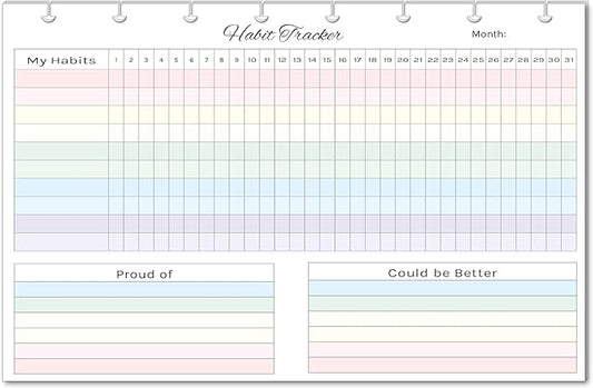 Horizontal Habit Tracker Inserts for 7, 9, 11 Disc | Mini, Classic, Skinny, Big, Letter, Junior Size Planners | Color or Black & White | Monthly Habit Log (Color, 8-Disc Junior)