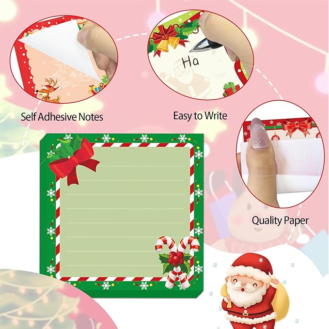 600 Christmas Sticky Notes, Cute Santa Claus Snowman Reindeer Memo Notes Xmas Note Pads for Christmas Party Favors Home Office School Supplies