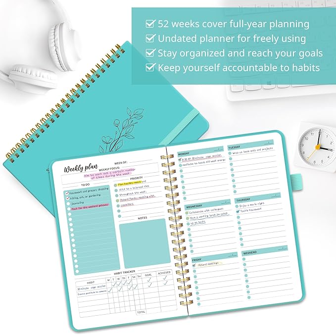 Undated Weekly Planner, Weekly To Do List Notebook with Goal & Habit Tracker Organizer, A5 Weekly Planner Notebook with Spiral Binding, 6.1" x 8.2" - Aquamarine