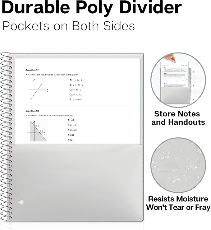 Dunwell 1 Subject College Ruled Notebooks, (3-Pack, Red, Blue, Black) Spiral Notebooks 8.5 x 11, Plastic Covers, Poly Pocket Dividers, 100 Sheets (200 Pages), 3-Hole Punched Perforated Paper