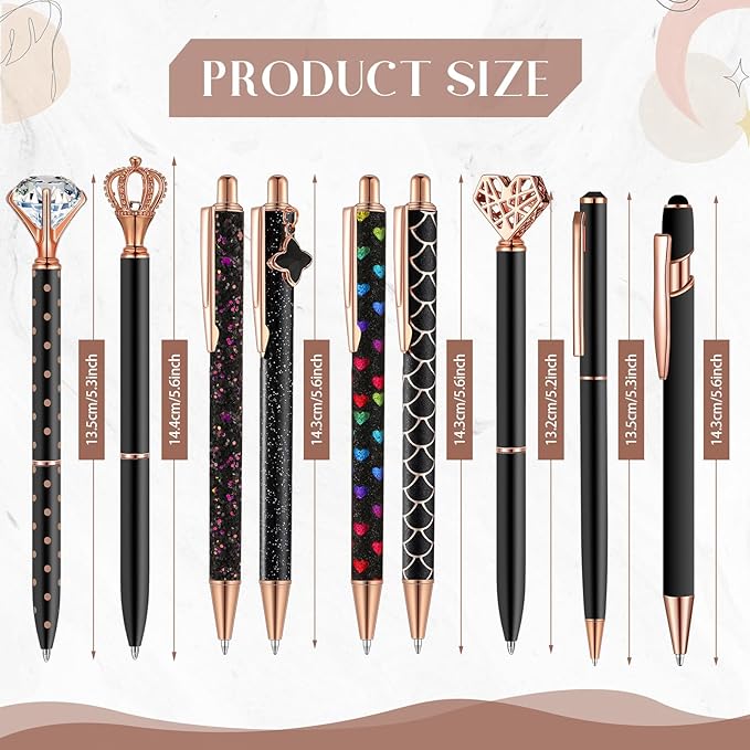 Janmini 9 Pcs Ballpoint Pens Set Metal Crystal Diamond Glitter Pens for Journaling Black Ink Pretty Cute Things Fancy Stationery Gifts for Women Girls Birthday Home Office Desk(Black)