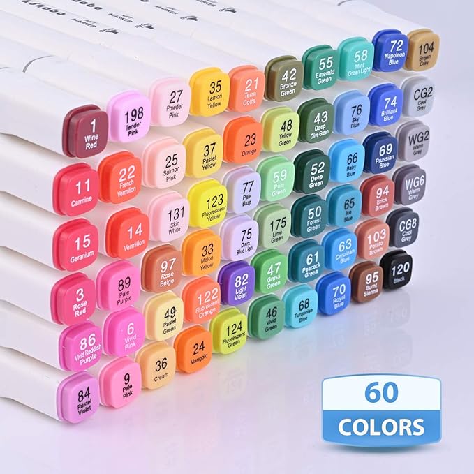Dabo&Shobo 60 Colors Drawing Markers, Dual Tip Markers, Fine & Chisel Coloring Marker for Adult Coloring And Sketching