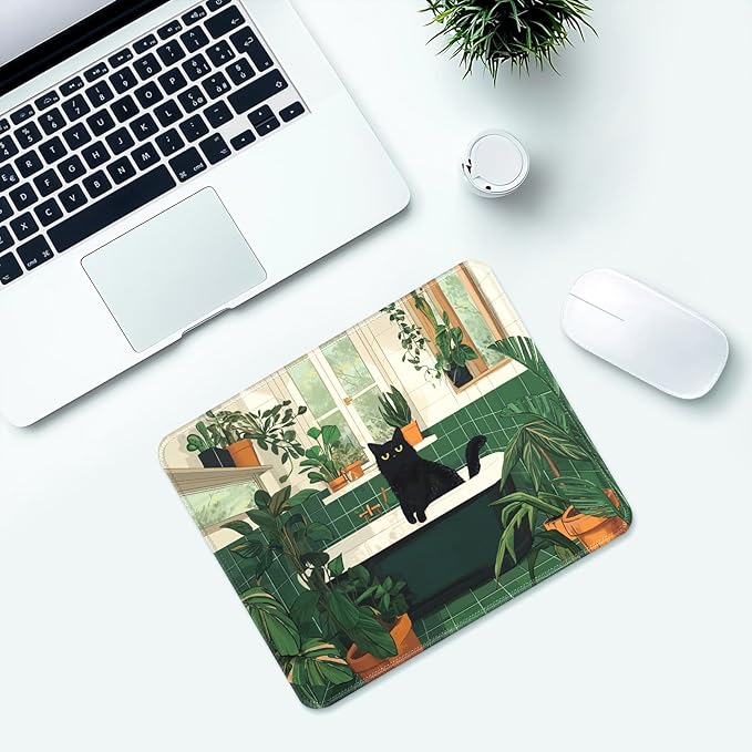 Cute Black Cat Desk Pad Mat with Stitched Edges and Non-Slip Rubber Base, Premium-Textured Mouse Pad for Laptop, Computer & PC, Gaming & Working, Waterproof Mousepad