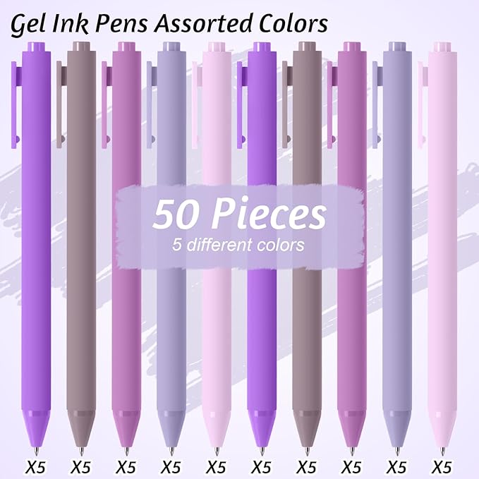 Crtiin 50 Pcs Gel Ink Pens Bulk, Black Ink 0.5mm Fine Point Retractable Pen Smooth Writing Office Supplies for Teacher Server Nurse Valentine Galentine Gift (Purple Series)