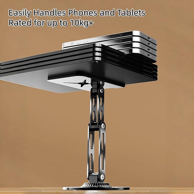 All-Metal Cell Phone Stand 360° Rotatable & Height Adjustable - 25KG Super Load-Bearing, Foldable Desk Stand for Phone & Tablet, Compatible with iPhone 17/16/15/14, Nintendo Switch (Black)