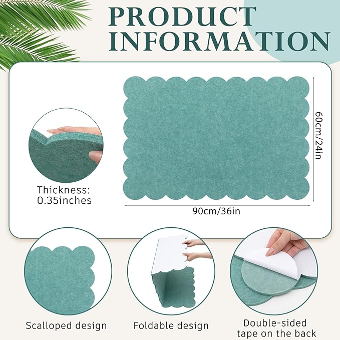 Scalloped Felt Bulletin Board 36 x 24 Inches Foldable Forest Green Pin Cork Board Alternative for Wall, 3' x 2' Trifold Christmas Picture Vision Self Adhesive Bulletin Decorative