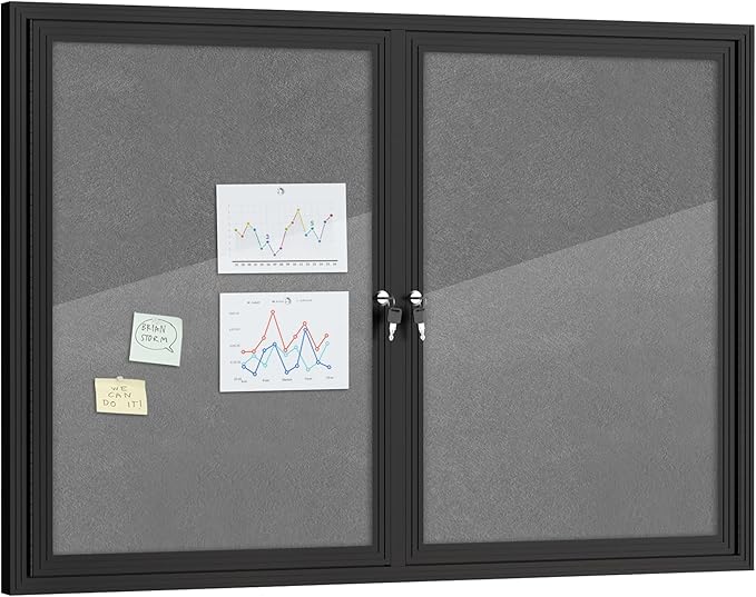 Mifuro 48"x34" Enclosed Bulletin Board, Outdoor Lockable Weather-Resistant Aluminum Cork Noticeboard for School & Office, Black Frame w/Grey Flet