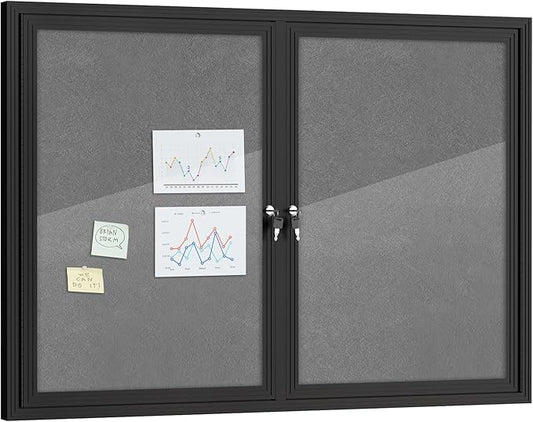 Mifuro 48"x34" Enclosed Bulletin Board, Outdoor Lockable Weather-Resistant Aluminum Cork Noticeboard for School & Office, Black Frame w/Grey Flet