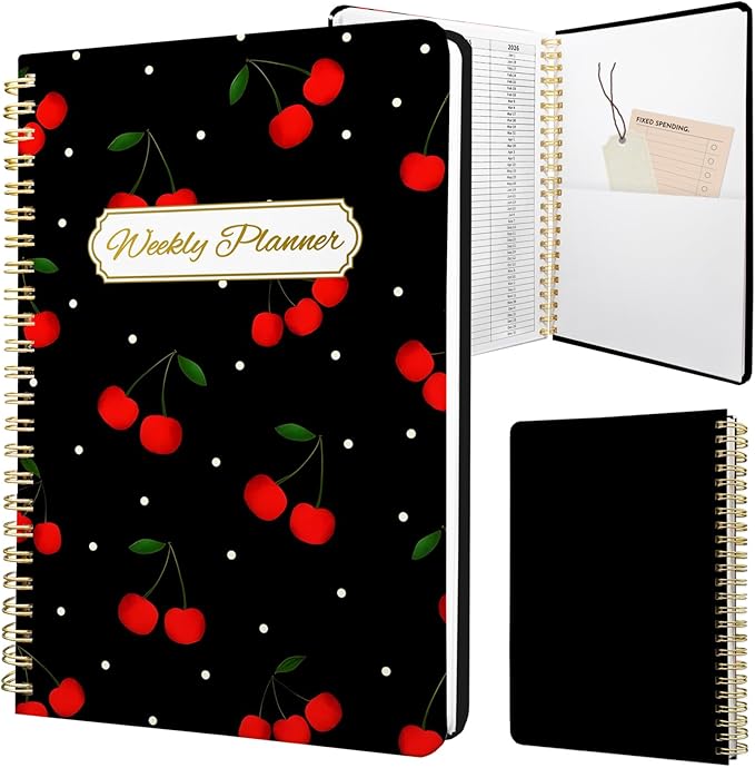 Weekly Planner Undated - 52 Weeks To Do List Notebook A5 for Work: Weekly Task, Habit Tracker Journal, Goal Setting, Agenda Sprial Bound Organizer Book for Women Cute Stylish Design, Cherry