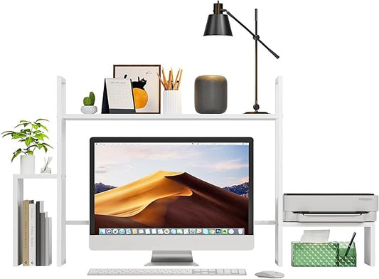 WelFurGeer LED Desk Shelf Organizer with RGB Light Strip, 2-Tier Desktop Shelf for Computer Monitor, Sturdy Metal Frame & Wood Shelves - Desk Hutch Bookshelf for Home Office, Dorm, Gaming (White)