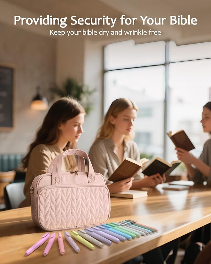 Bible Cover Case for Women, Large Bible Bag with Study Supplies, Bible Journaling Kit with Highlighters and Pens No Bleed, Christian Gift for Women (Shoulder Strap, Light Pink)