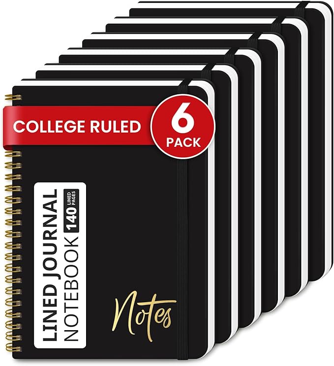 Lined Spiral Journal Notebook for Women, 6 Pack, A5 College Ruled Journals for Writing, Hardcover Notebooks for Work, Note taking and Office School Supplies,140 Pages, 6 Pcs - Black