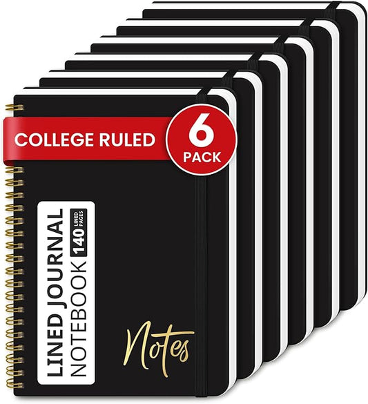 Lined Spiral Journal Notebook for Women, 6 Pack, A5 College Ruled Journals for Writing, Hardcover Notebooks for Work, Note taking and Office School Supplies,140 Pages, 6 Pcs - Black