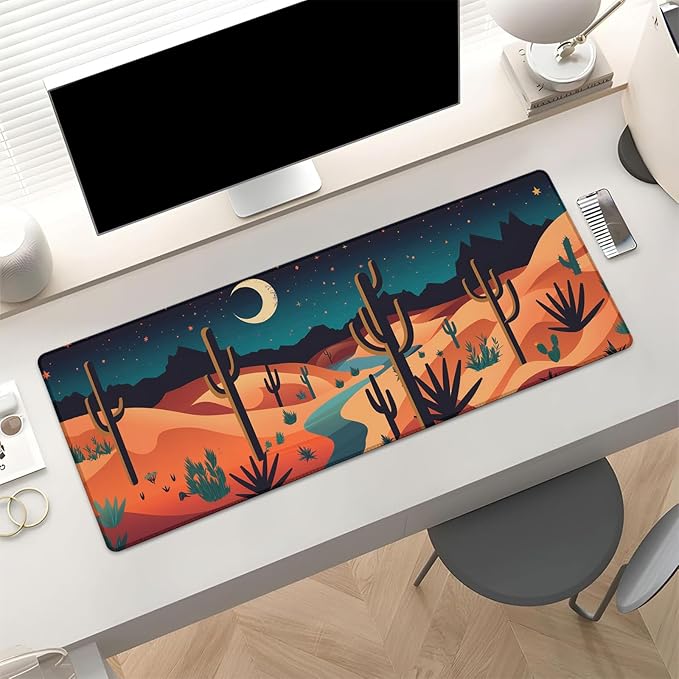 Desert Night Gaming Mouse Pad, Stylized Cactus Landscape Large Desk Mat for Computer, Extended Keyboard Laptop Mouse Pads 31.5×11.8in, Non Slip Rubber Mousepad for Office Decor Gifts