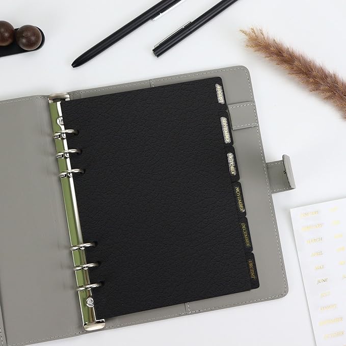 Leather Textured A5 Paper Card Dividers 6 Holes Ring Index Page Tab Divider for Travel Diary Binder Notebooks Journal Plan (6 Tab with 3 Stickers)